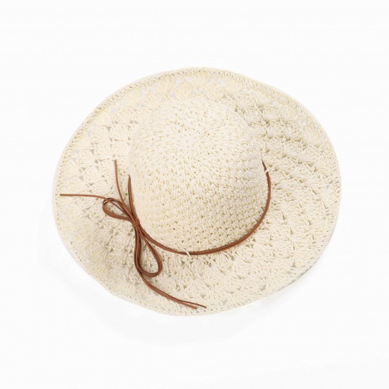 Woman Solid Color Large Edge Cap Travel Shade Straw Hat With Fine Needle Leather Rope