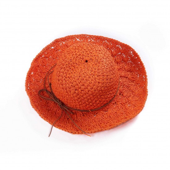 Woman Solid Color Large Edge Cap Travel Shade Straw Hat With Fine Needle Leather Rope