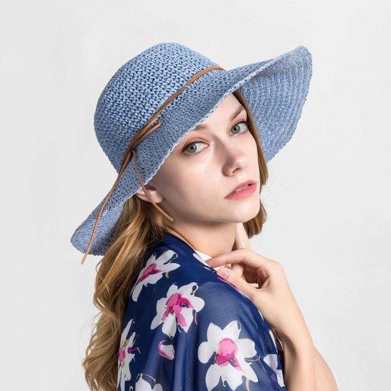 Woman Solid Color Large Edge Cap Travel Shade Straw Hat With Fine Needle Leather Rope