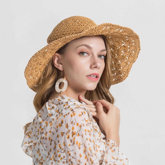 Woman Solid Color Large Edge Cap Travel Shade Straw Hat With Fine Needle Leather Rope