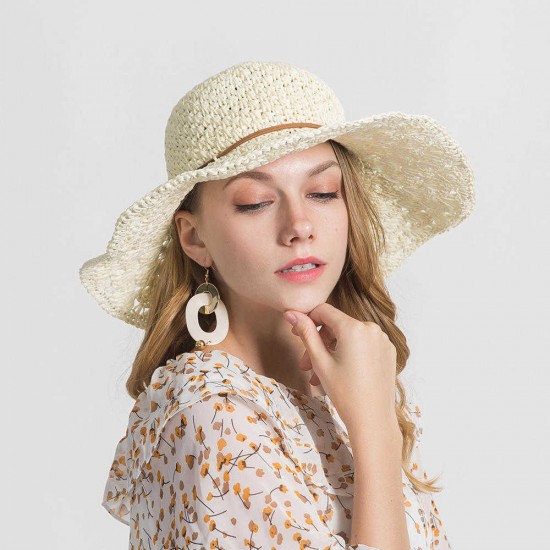 Woman Solid Color Large Edge Cap Travel Shade Straw Hat With Fine Needle Leather Rope