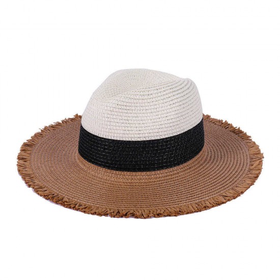 Woman Tri-color splicing Edging Top Hat Straw Hat Flat Jazz Hat