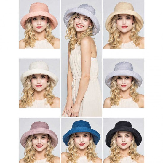 Women Adjustable Cotton And Linen Rolling Floppy Hat Sunshade Sun Screen Seaside Hat Anti-UV Bucket Hat