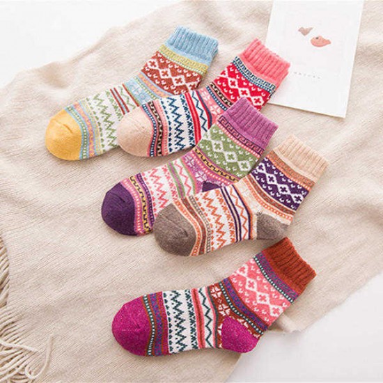 Women Autumn Thicken Warm Folk Custom Wool Socks Casual Flowers Art Middle Tube Socks