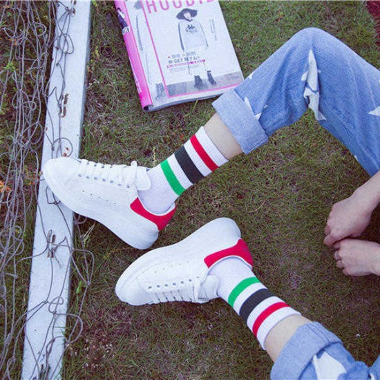 Women Autumn Warm Striped Cotton Middle Tube Socks Casual Sports Breathable Socks