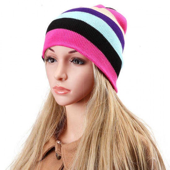 Women Beanies Striped Rainbow Colors Hat Cotton Knitted Hats Soft Beanie Gorro Cap