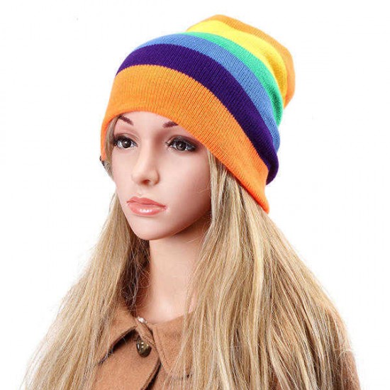 Women Beanies Striped Rainbow Colors Hat Cotton Knitted Hats Soft Beanie Gorro Cap