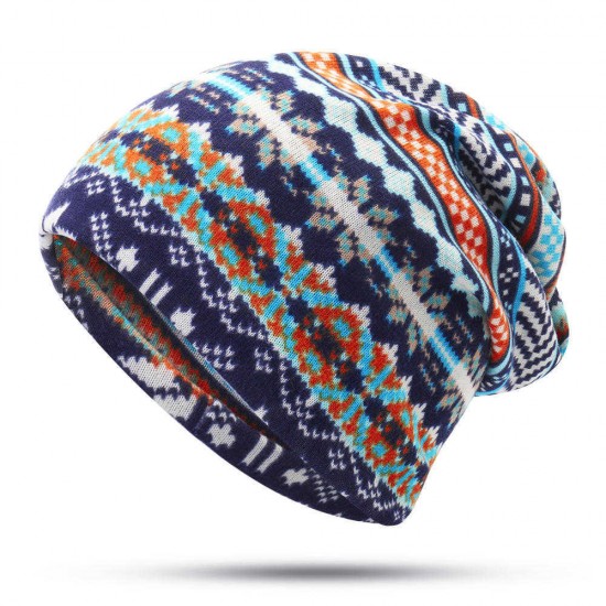 Women Bohemian Ethnic Multi-purpose Print Beanie Hat Scarf Double Layers Skullcap