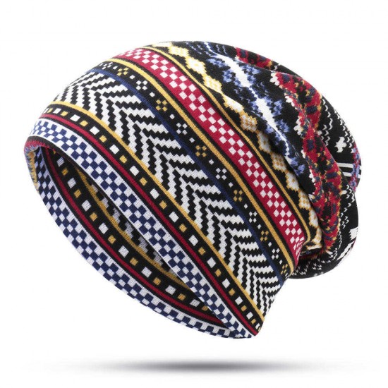 Women Bohemian Ethnic Multi-purpose Print Beanie Hat Scarf Double Layers Skullcap