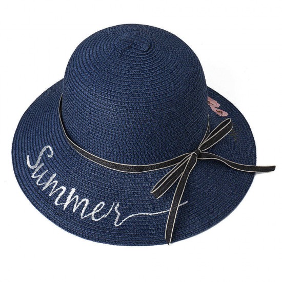 Women Bow Foldable Sunscreen Bucket Straw Hat Outdoor Casual Travel Beach Sea Floppy Hat