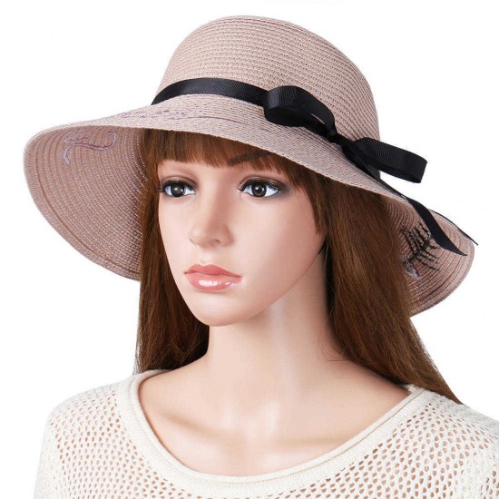 Women Bow Foldable Sunscreen Bucket Straw Hat Outdoor Casual Travel Beach Sea Floppy Hat