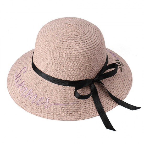 Women Bow Foldable Sunscreen Bucket Straw Hat Outdoor Casual Travel Beach Sea Floppy Hat