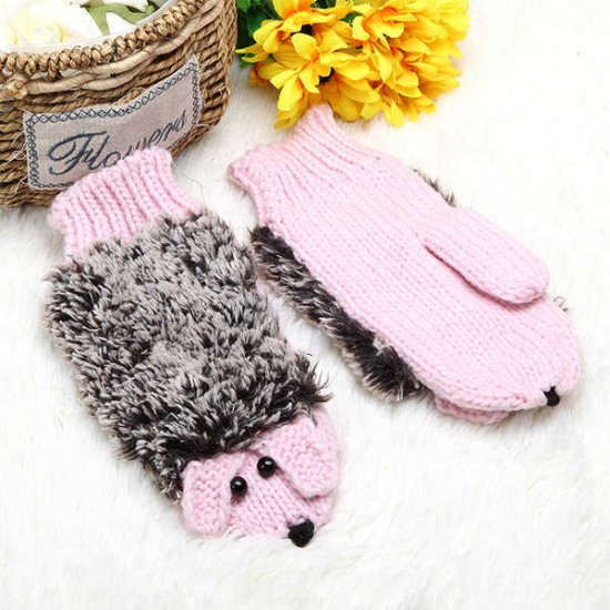 Women Cartoon Hedgehog Gloves Knitting Thickening Cute Mouse Gloves Winter Girls Finger Mittens