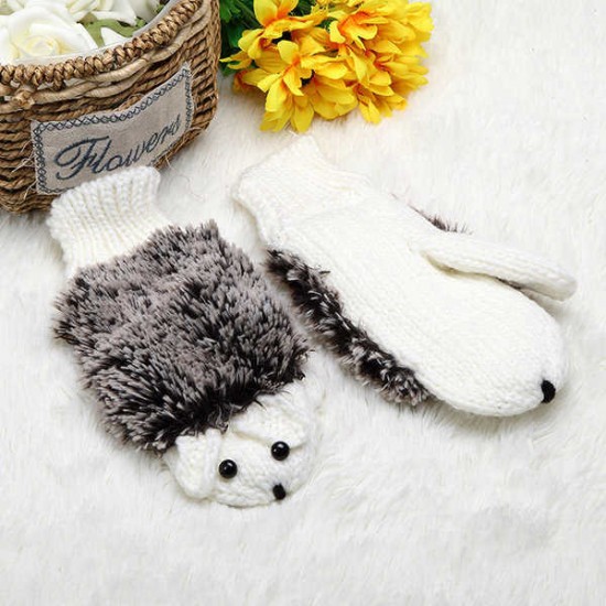 Women Cartoon Hedgehog Gloves Knitting Thickening Cute Mouse Gloves Winter Girls Finger Mittens