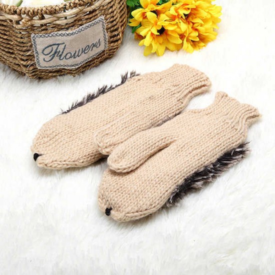 Women Cartoon Hedgehog Gloves Knitting Thickening Cute Mouse Gloves Winter Girls Finger Mittens