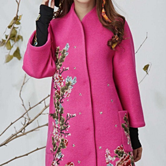 Women Cashmere Embroidered Flowers Velvet Warm Long Sleeves Half Finger Wrist Glove