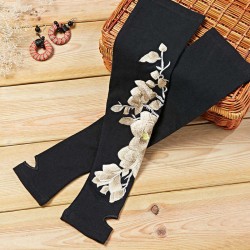 Women Cashmere Embroidered Flowers Velvet Warm Long Sleeves Half Finger Wrist Glove