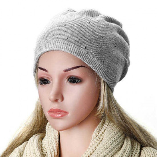 Women Cashmere Knitted Beanie Hat Rhinestones Solid Winter Warm Caps