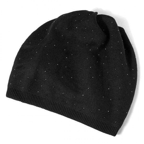 Women Cashmere Knitted Beanie Hat Rhinestones Solid Winter Warm Caps