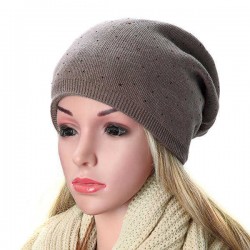 Women Cashmere Knitted Beanie Hat Rhinestones Solid Winter Warm Caps