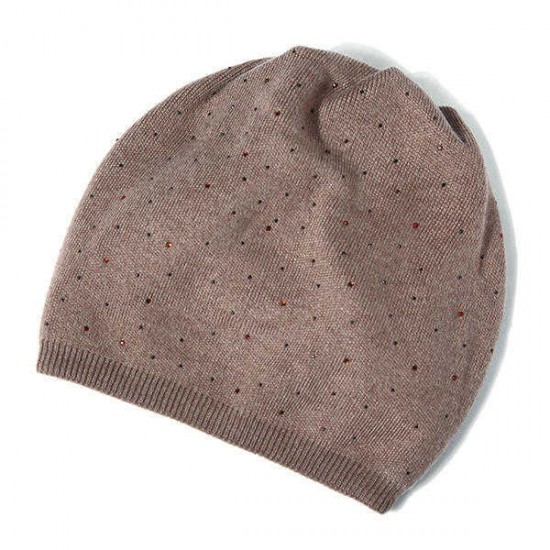 Women Cashmere Knitted Beanie Hat Rhinestones Solid Winter Warm Caps