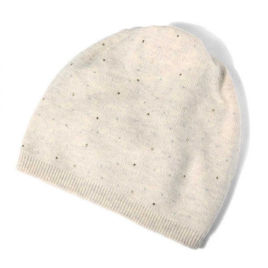 Women Cashmere Knitted Beanie Hat Rhinestones Solid Winter Warm Caps