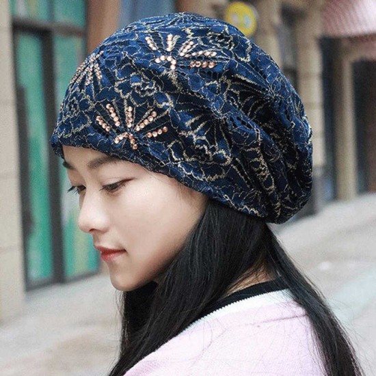 Women Casual Lace Breathable Rhinestone Beanie Cap Vintage Earmuffs Flexible Turban Hat