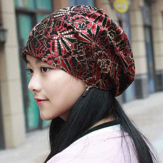 Women Casual Lace Breathable Rhinestone Beanie Cap Vintage Earmuffs Flexible Turban Hat