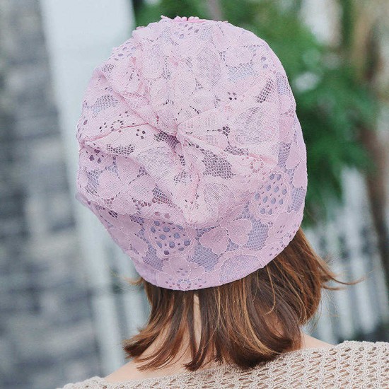 Women Casual Lace Cotton Double Layers Chemical Turban Outdoor Hollow Out Beanie Cap