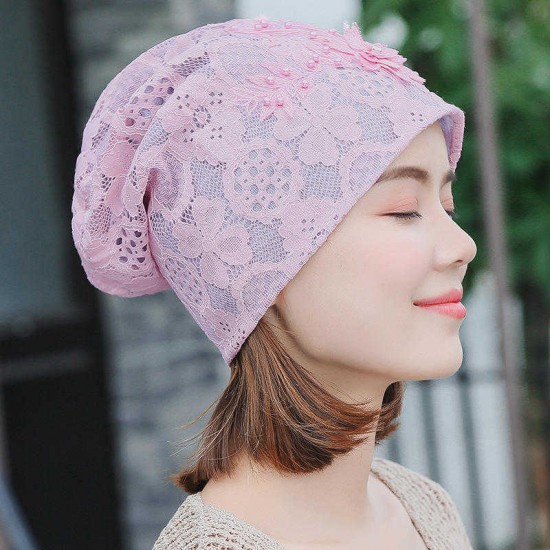 Women Casual Lace Cotton Double Layers Chemical Turban Outdoor Hollow Out Beanie Cap