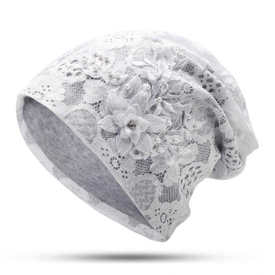 Women Casual Lace Cotton Double Layers Chemical Turban Outdoor Hollow Out Beanie Cap