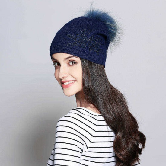 Women Casual Warm Wool Knitted Hat Detachable Pompom Knit Beanie Cap