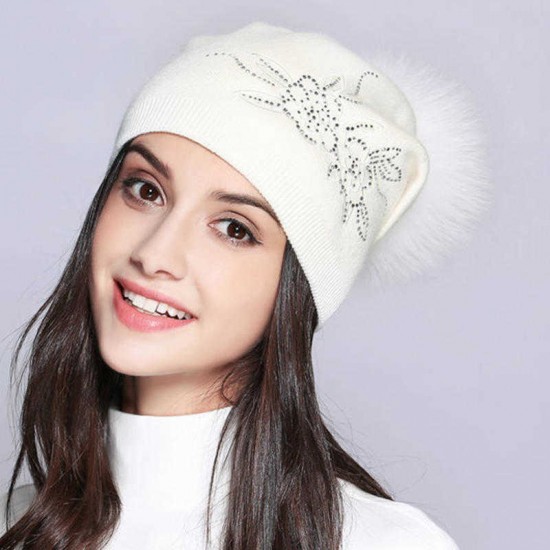 Women Casual Warm Wool Knitted Hat Detachable Pompom Knit Beanie Cap