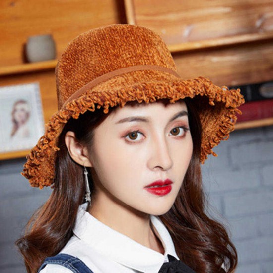 Women Chenille Foldable Bucket Hat Bow Fisheman Hat