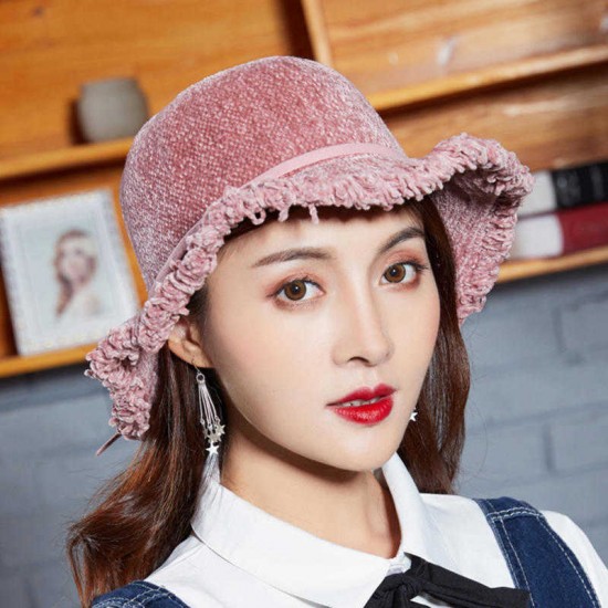 Women Chenille Foldable Bucket Hat Bow Fisheman Hat