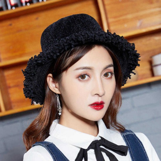 Women Chenille Foldable Bucket Hat Bow Fisheman Hat