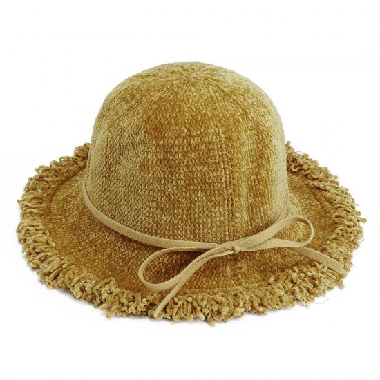 Women Chenille Foldable Bucket Hat Bow Fisheman Hat