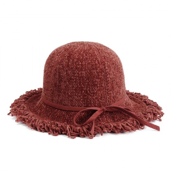 Women Chenille Foldable Bucket Hat Bow Fisheman Hat