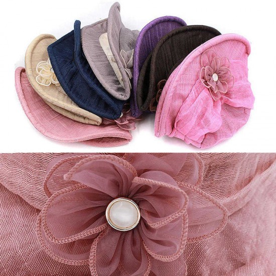 Women Chiffon Breathable UV Protection Bucket Cap with Flower Large Brim Sun Hat