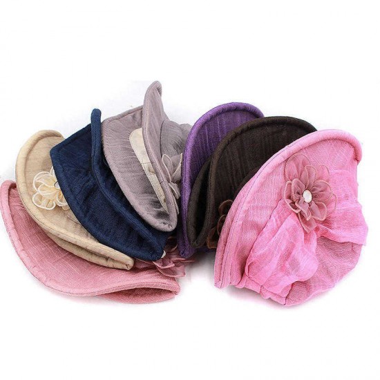 Women Chiffon Breathable UV Protection Bucket Cap with Flower Large Brim Sun Hat