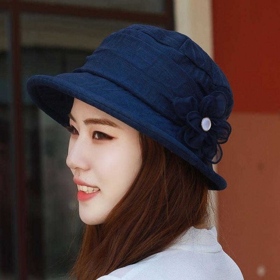 Women Chiffon Breathable UV Protection Bucket Cap with Flower Large Brim Sun Hat