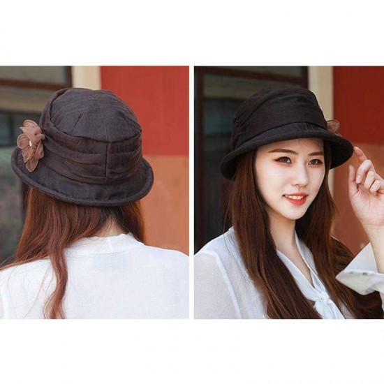 Women Chiffon Breathable UV Protection Bucket Cap with Flower Large Brim Sun Hat