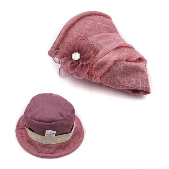 Women Chiffon Breathable UV Protection Bucket Cap with Flower Large Brim Sun Hat