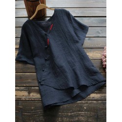 Women Chinese Style Pure Color Cotton Short Sleeve Button Down T-Shirts