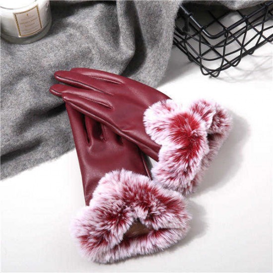 Women Cold Winter Warm Thick Rabbit Fur PU Leather Texting Screen Waterproof Windproof Ski Gloves