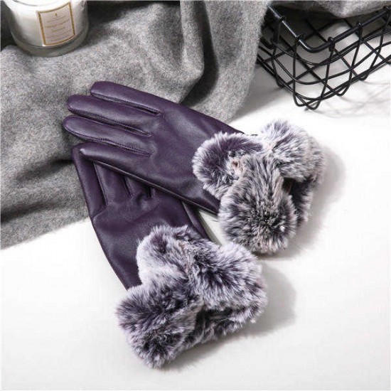 Women Cold Winter Warm Thick Rabbit Fur PU Leather Texting Screen Waterproof Windproof Ski Gloves