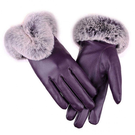 Women Cold Winter Warm Thick Rabbit Fur PU Leather Texting Screen Waterproof Windproof Ski Gloves