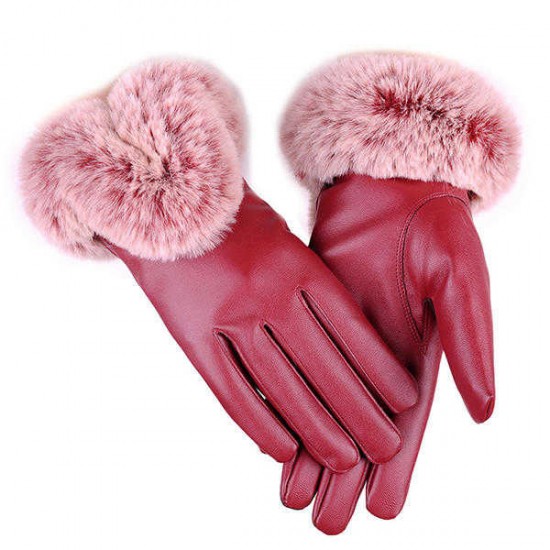 Women Cold Winter Warm Thick Rabbit Fur PU Leather Texting Screen Waterproof Windproof Ski Gloves