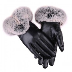 Women Cold Winter Warm Thick Rabbit Fur PU Leather Texting Screen Waterproof Windproof Ski Gloves