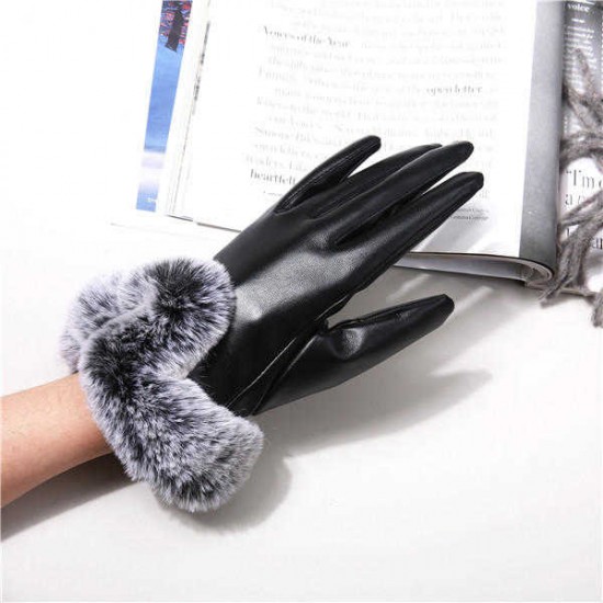 Women Cold Winter Warm Thick Rabbit Fur PU Leather Texting Screen Waterproof Windproof Ski Gloves